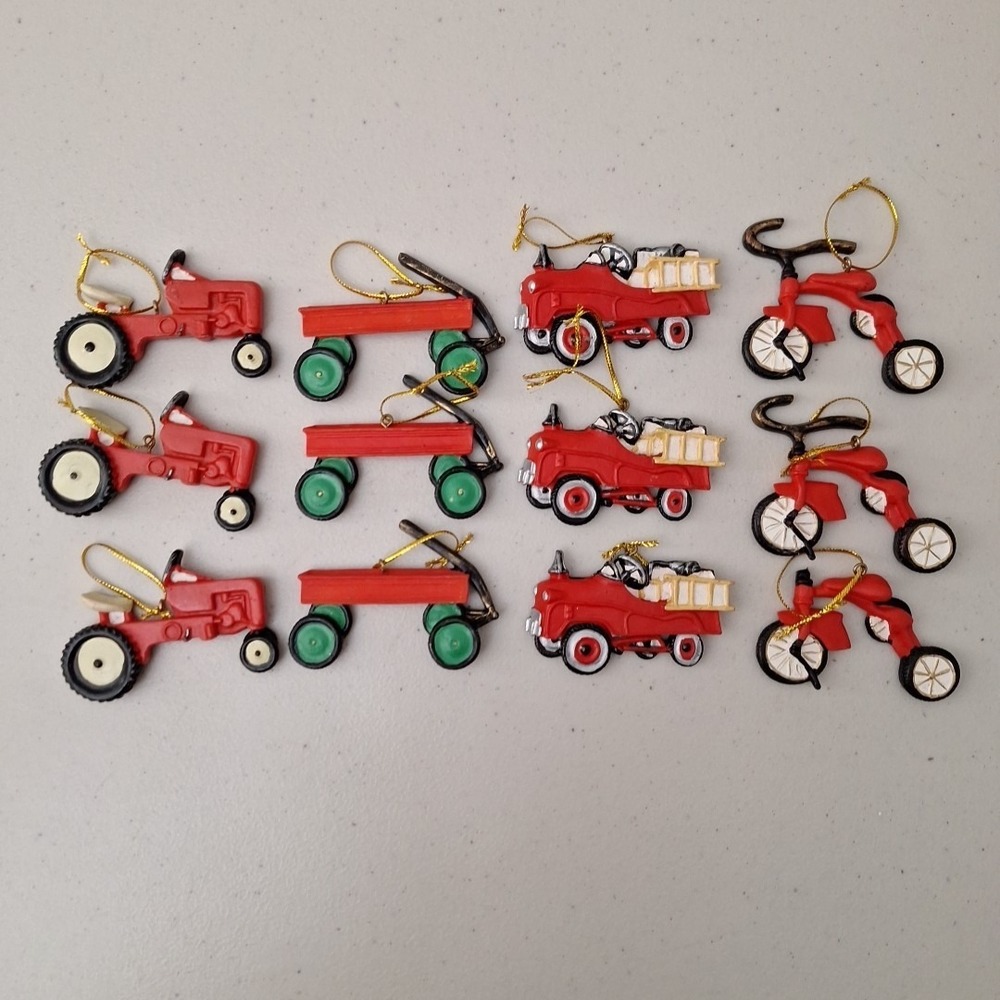 Vintage Christmas Ornament Set of 12 Tractor Bicycle Firetruck Wagon See Descrip